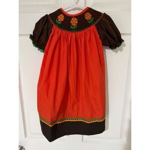 Babeeni Smocked Dress Girls Orange Brown Floral Embroidered Button Back 18M New